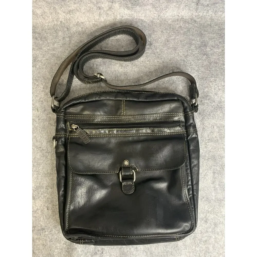 Jack Georges Voyager Crossbody Bag Black Leather Flap Zip Pockets Mens 7205